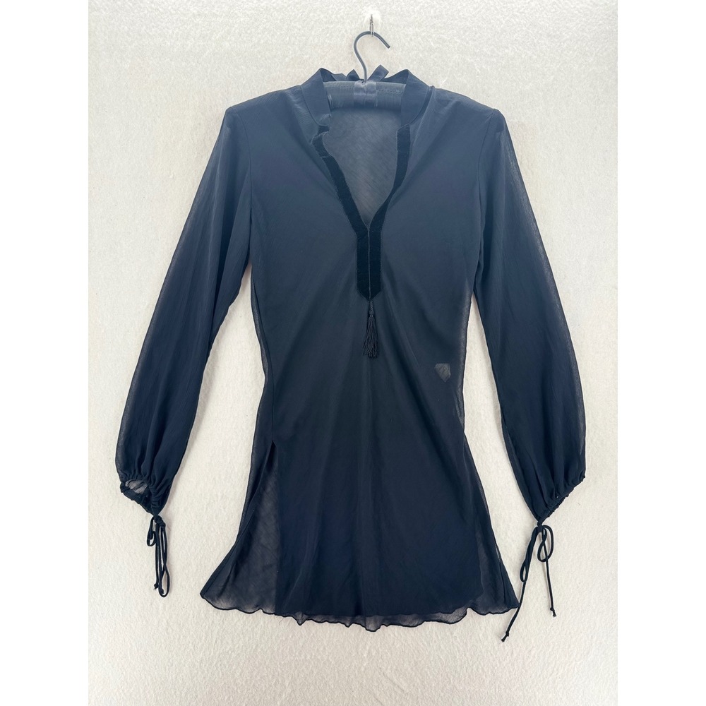 LVL X - Sheer Tunic Top Velvet Trim Tassel Tie Sleeve - Black - XS - Women